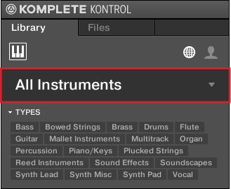 KOMPLETE KONTROL Browser Searching and Loading Files from the Library The closed Product selector header.