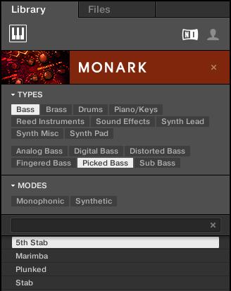 KOMPLETE KONTROL Browser Searching and Loading Files from the Library 2. In this second level, you select the subtype you want for your bass line.