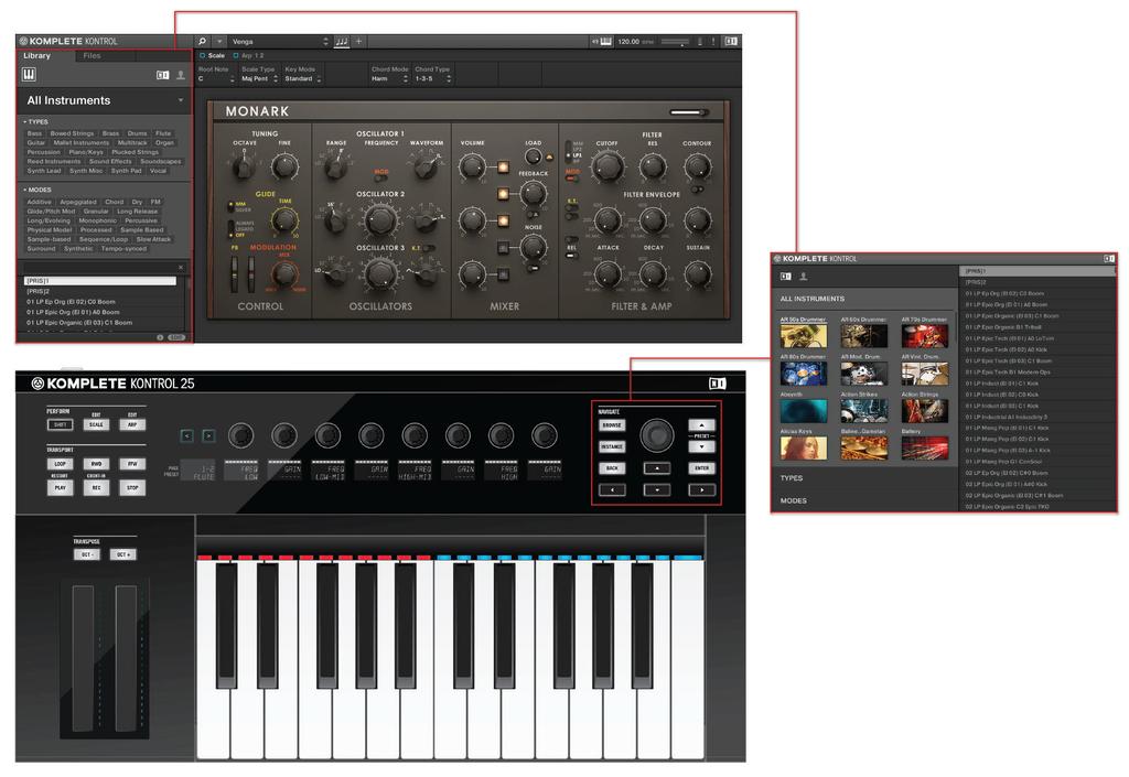 Basic Concepts KOMPLETE KONTROL and KOMPLETE KONTROL S-SERIES The Browser at the left side of the KOMPLETE KONTROL software interface and the Browser displayed by the on-screen overlay, called up