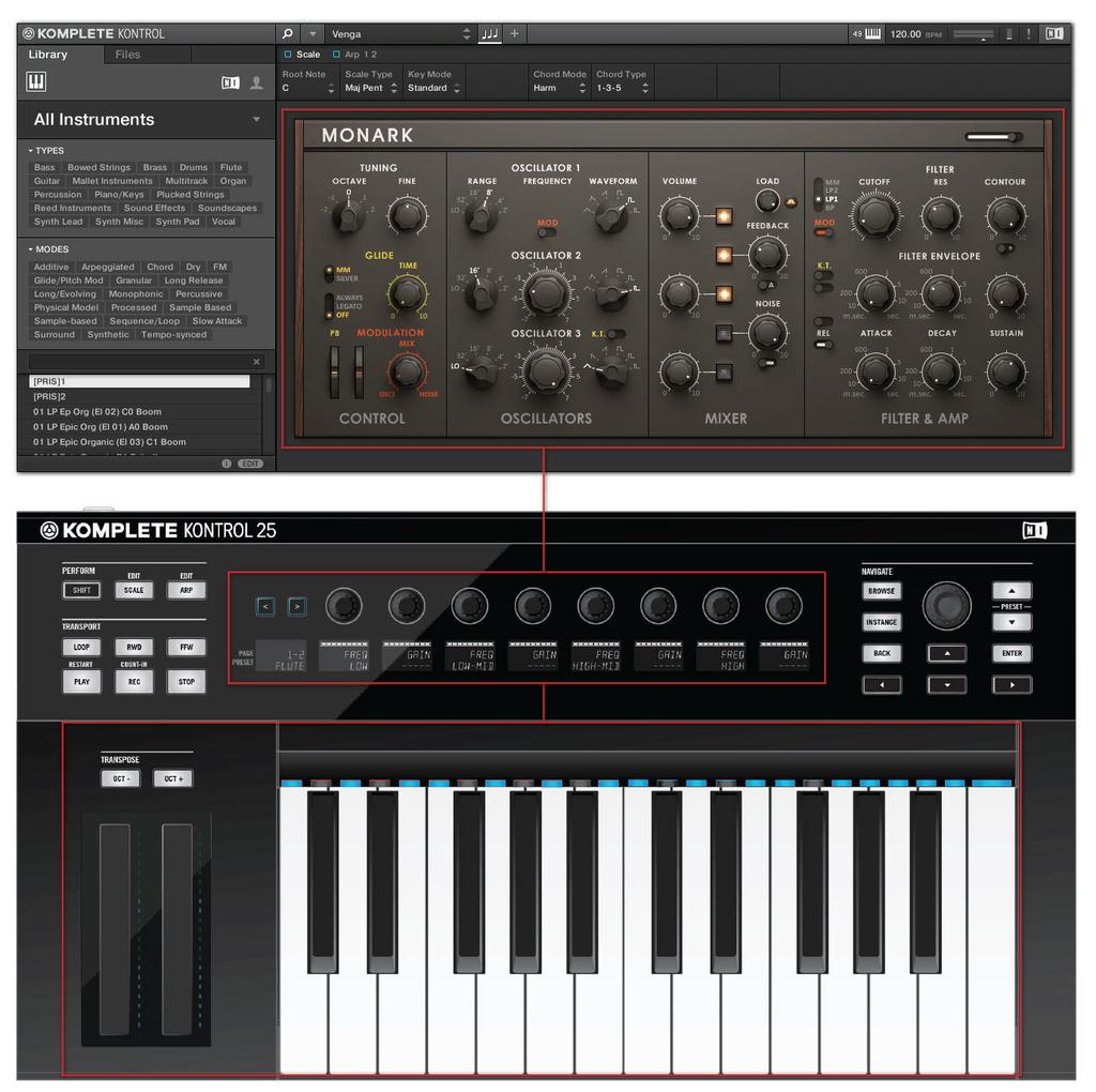 Basic Concepts KOMPLETE KONTROL and KOMPLETE KONTROL S-SERIES MONARK loaded in KOMPLETE KONTROL the touch strips, knobs, and displays on KOMPLETE KONTROL S-SERIES are automatically assigned to