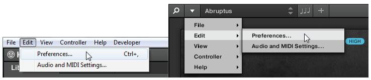 Basic Concepts Preferences To open the Preferences panel, click Preferences in the Komplete Kontrol menu (Mac OS X) or Edit menu (Windows) of the application menu bar, or in the Edit submenu of the