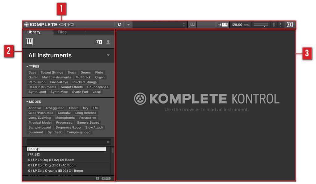 KOMPLETE KONTROL Software Overview Software Interface Overview Overview of the KOMPLETE KONTROL software.