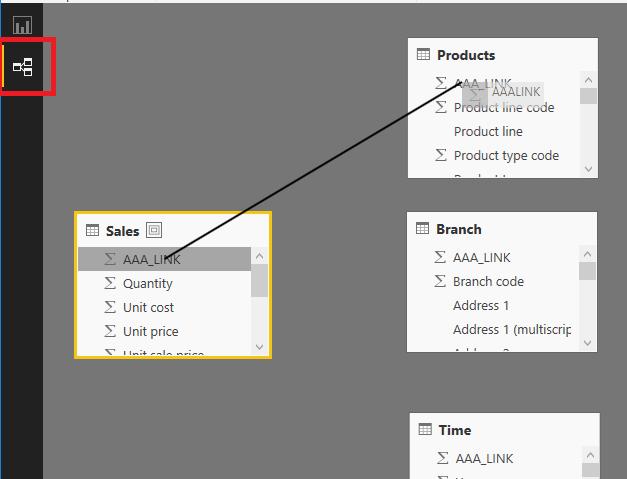 Power BI will then inspect the selected tables for column information. When complete, navigate to the Relationships view using the left navigivation bar.