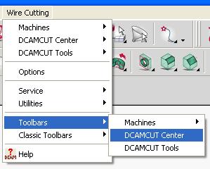 4 DCAMCUT Toolbar Open Toolbar When DCAMCUT is running select Wire Cutting > Toolbars -> DCAMCUT Center from the main menu to show the Wire-EDM toolbar.