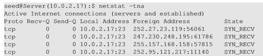 SYN Flooding Attack - Results Using netstat command, we can see that there are a