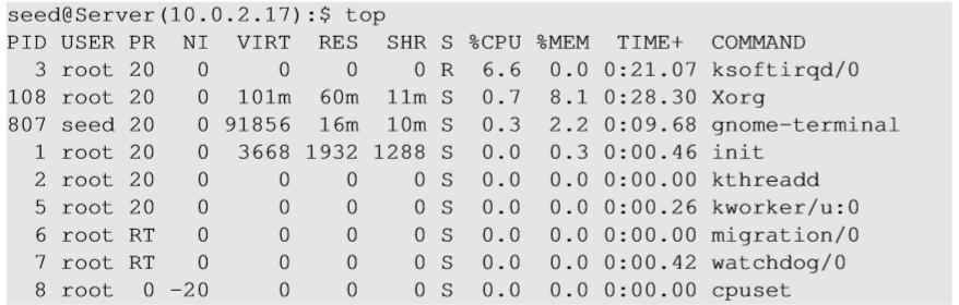 Using top command, we can see that CPU usage is not high on the server machine.