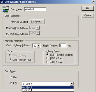 Figure 5: SSTDHP Adapter Card Settings Dialog Box The Memory Base Address and I/O Port Base Address options are disabled when the PCI option for the Card Types setting is selected.