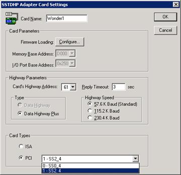 The following graphic (Figure 6 below) shows the Wonder1 SSTDHP Adapter Card settings for the second adapter card: Figure 6: Wonder1 Adapter Card Settings
