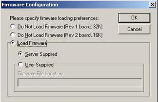 Figure 7: Firmware Configuration Dialog Box Note that since the firmware is supplied by the Wonderware server, the LED pattern on the PCI card will not be the same as the manufacturer's description