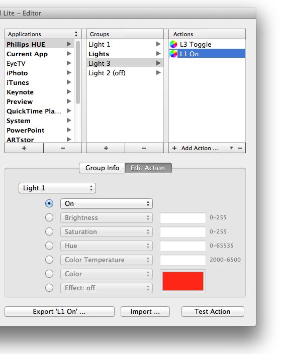 Edit Philips HUE Action After you have added a new hue action using the Add Action popup, it looks like here: These are your options: Choose a light which is to be affected (currently Light 1-3 only)
