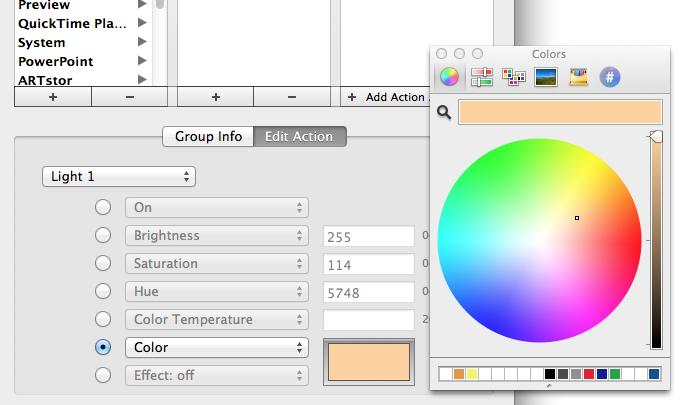 warm to cold) Choose a Color from a color panel (see below), the values for brightness, saturation and hue are entered accordingly.