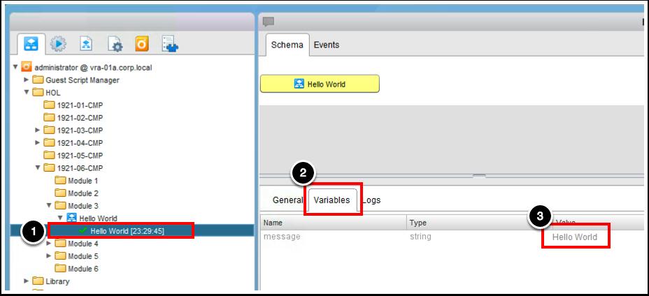 Verify in vro client 1. Navigate to HOL > 1921-06-CMP > Module 3 Select the last Hello World token 2. Select Variables tab 3.