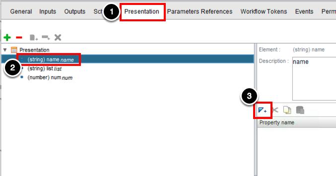 Add Property to name Parameter 1. Click on the Presentation tab 2.