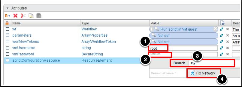 Configure attributes 1. Enter root for vmusername 2. Enter VMware1! for vmpassword 3.