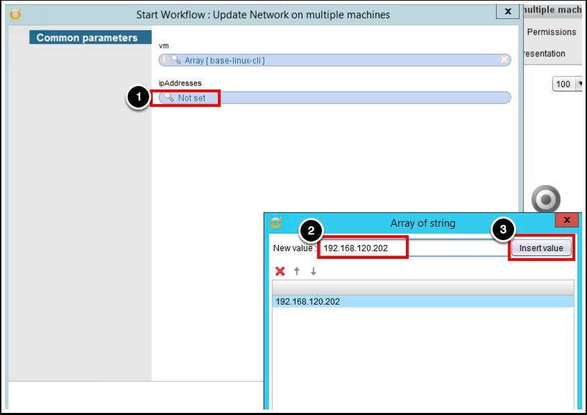 Select IP Addresses 1. Click on Not set for ipaddresses 2. Enter the new IP address for the machine in the New value field: 192.168.120.202 3. Click on Insert value button 4.