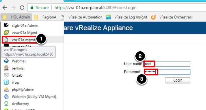 Log In to vra Management 1.