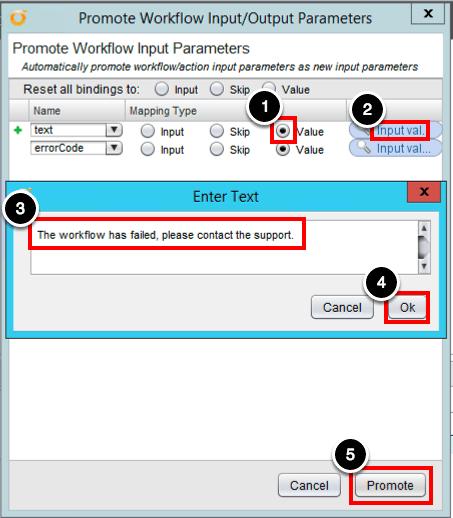 Setup the System Error Element inputs 1. Sect the Value radio button for the text parameter 2. Click the Input value link for the text parameter 3.