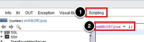 3. Click the Bind a workflow parameter button 4. Select the vmnbofcpus parameter 5. Click the Select button Add the script 1. Select the Scripting tab 2.