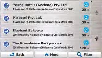 6. Select one of the main Place categories (e.g. Accommodation) or tap to list all Places around the selected location or along the route. 7. Select one of the Place subcategories (e.g. Hotel or Motel) or tap to list all Places in the selected main category around the selected location or along the route.