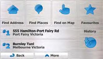 The Destination menu appears and you can select the start point of the route the