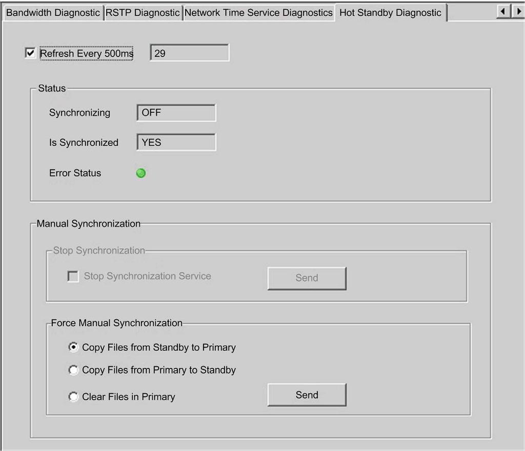 Diagnostics Step Action 4 Select the Refresh Every 500ms check box to view the synchronization status.