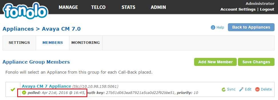 8.3. Verify Fonolo In-Call Rescue In the Fonolo web portal, verify the status of the appliances, by navigating to Telco Appliances.
