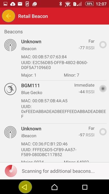 The App displays the detected device's friendly name ("BGM111" or "BGM113"), the Bluetooth address and UUID, along with the RSSI numerical value.