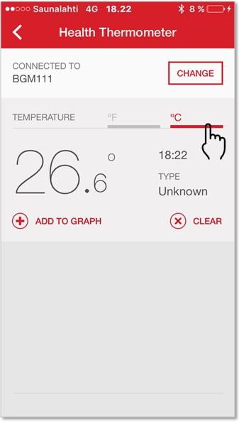 Touch the device. 3. The Health Thermometer screen is displayed.