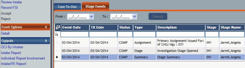 Accessing the Stage Summary Window from the My Workload Tab 1 On the My Workload tab, select the appropriate stage. The Case To-Dos and Stage Events tabs display. 2 Click the Stage Events tab.