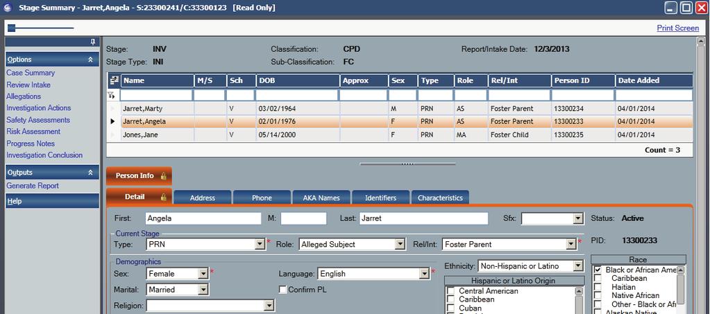 Identifying the Stage Summary Window Components B A C D (A) NAVIGATION PANE The NAVIGATION PANE will contain links to view-only INV stage components (e.g., Allegations, Investigation Actions, Safety Assessments, Progress Notes, Investigation Conclusion).