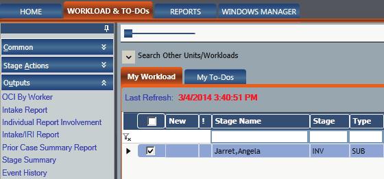 Accessing the Generate Report Window from the Stage Summary Window 1 On the My Workload tab, select the appropriate INV stage. 2 Click the Stage Events tab.