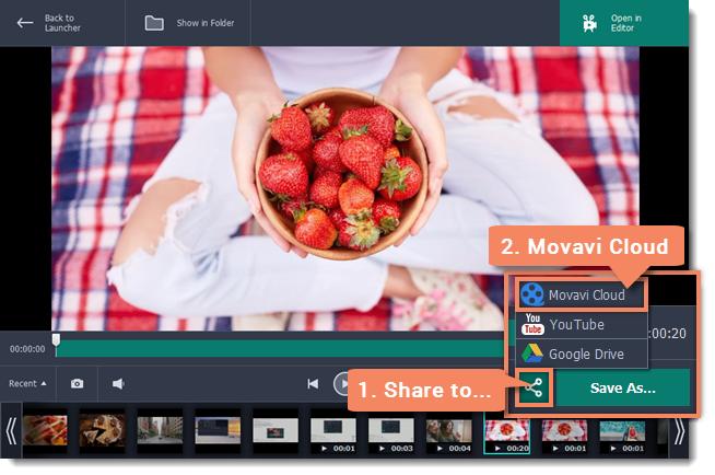 Uploading videos to Movavi Cloud If you only need to quickly share a file, you can use Movavi Cloud. It will give you a shareable link in just one click! 1.