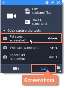 Using the launcher: Full screen screenshots 1. Go to the Take a screenshot tab. 2. Click Full screen screenshot in the list of screenshot shortcuts.