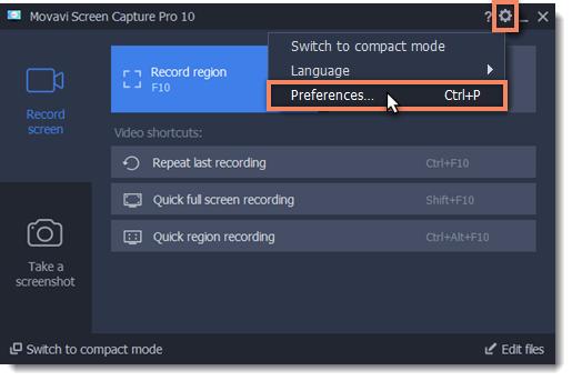 Screen Capture Pro preferences To open the program settings for Movavi Screen Capture Pro: 1. Open the Settings menu or click the cogwheel button in the launcher window. 2.