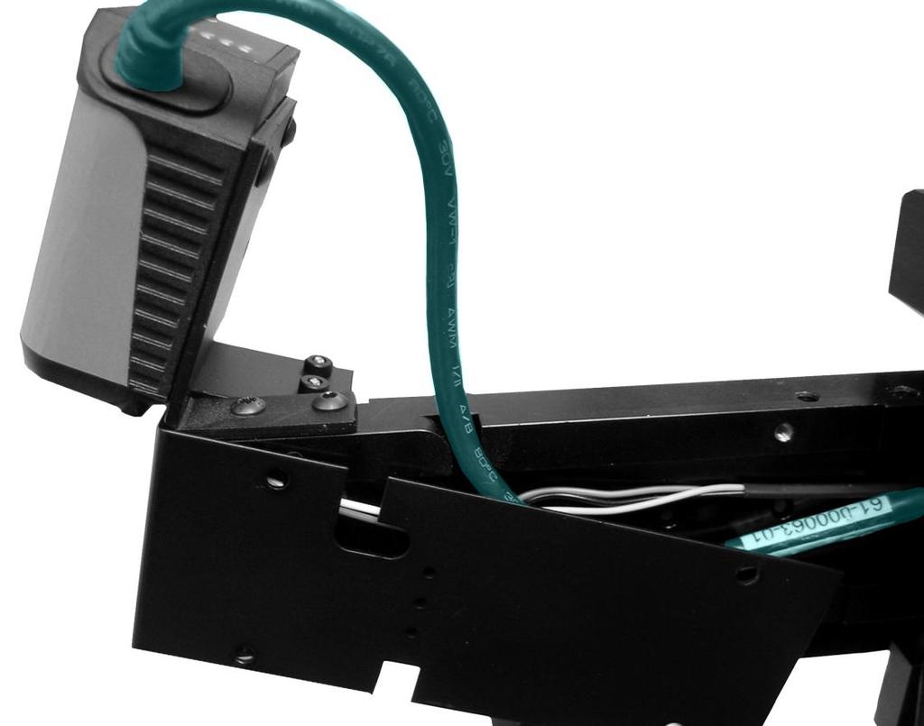 Attach the bar code reader using the two screws (green) provided to the plate. Figure 37 shows the barcode reader attached, with the location of the screws circled in green.