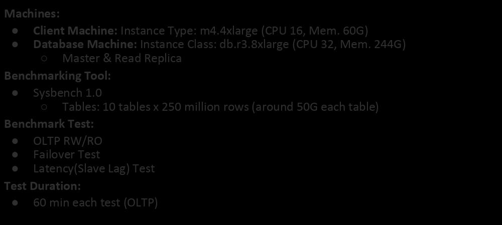 MySQL RDS vs Aurora Performance Test Machines: Client Machine: Instance Type: m4.4xlarge (CPU 16, Mem. 60G) Database Machine: Instance Class: db.r3.8xlarge (CPU 32, Mem.