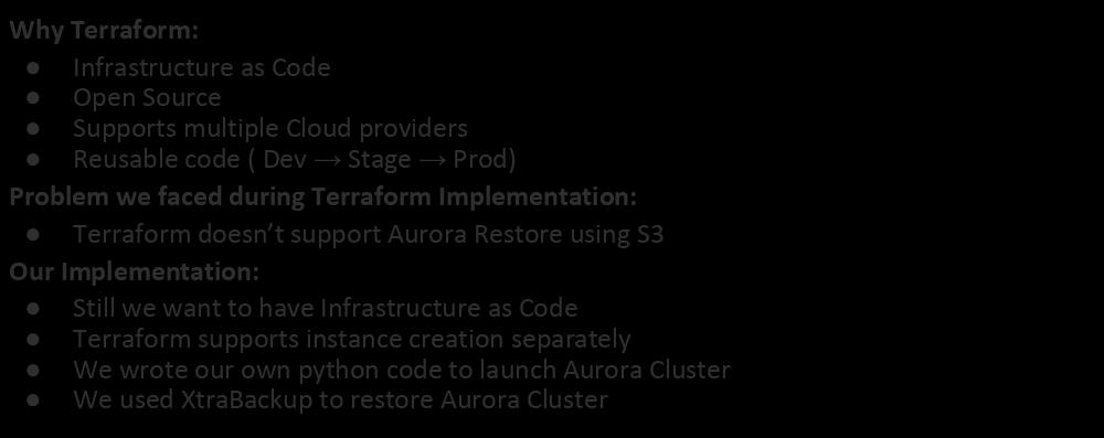 Using Terraform Why Terraform: Infrastructure as Code Open Source Supports multiple Cloud providers Reusable code ( Dev Stage Prod) Problem we faced during Terraform Implementation: Terraform doesn t