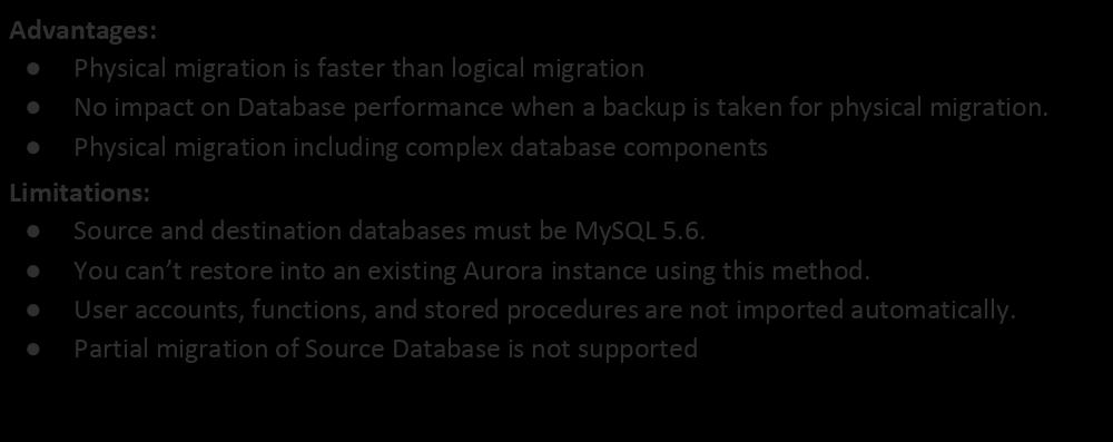 Restore Using Percona XtraBackup Advantages: Physical migration is faster than logical migration No impact on Database performance when a backup is taken for physical migration.