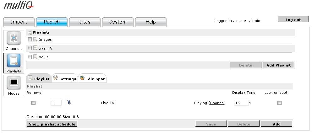 Figure 93. Now create a playlist (same way as before) named Live_TV and add the Live TV media spot to this playlist.