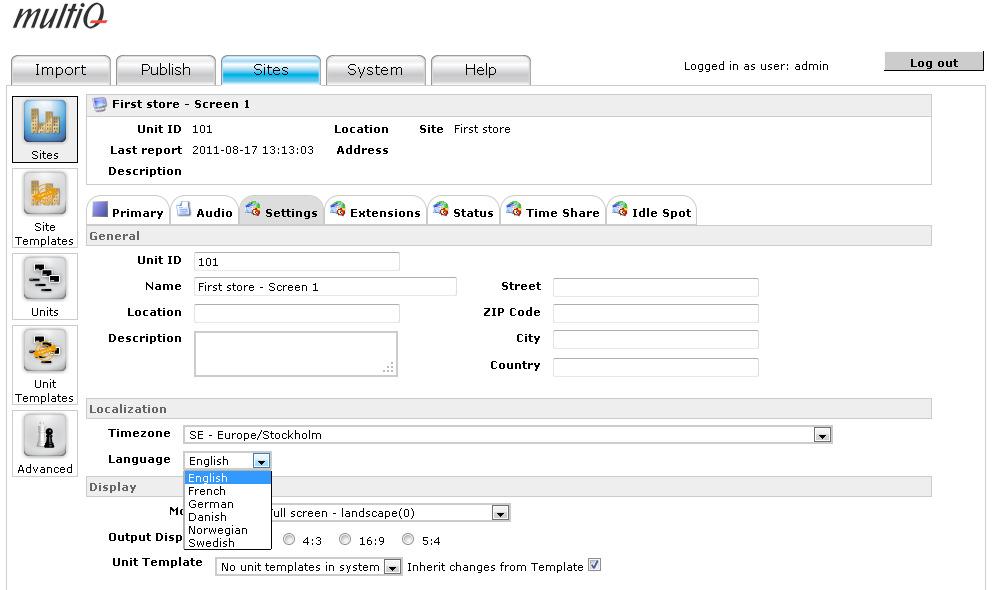 Then click Save. Figure 106. In the Settings tab of the media player you select the language.