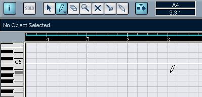 Drawing events in the Key Editor ENGLISH When you move the pointer in the note display, its bar position is indicated in the toolbar, and its pitch is indicated both in the toolbar and on the piano