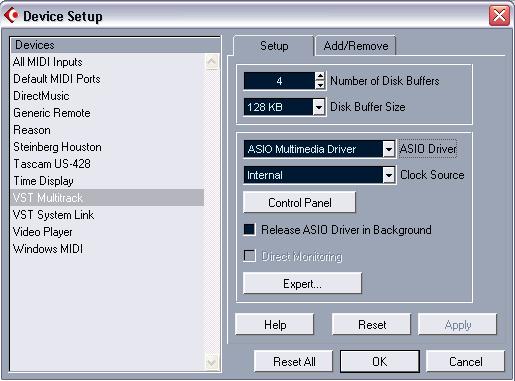 VST Multitrack setup Basic Settings 1. In Cubase SE, select Device Setup from the Devices menu and click on VST Multitrack in the list. Make sure the Setup tab is selected.