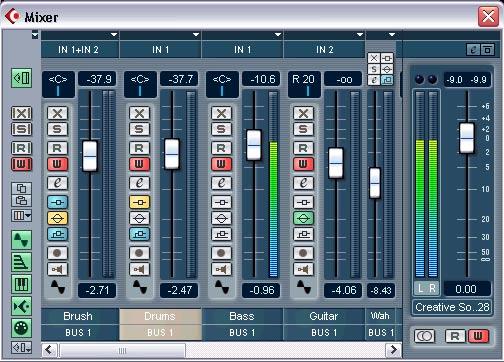The Mixer The Mixer is where you mix your audio and MIDI channels, that is, adjust the levels (volume), stereo panning, effect sends,