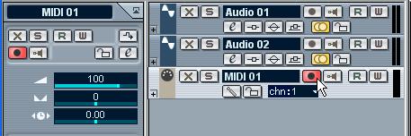 2. Record enable the MIDI track by clicking the corresponding button in the Track list. MIDI Thru is automatically activated when the track is record enabled.