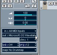 Setting the MIDI output and channel 1. To set the MIDI output for a track, pull down the out: pop-up in the Inspector and select the output to which you have connected your MIDI device.