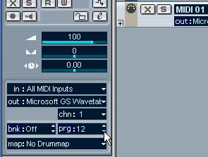 Selecting a sound To select different sounds, you can send Program Change messages to your MIDI device using the prg: value field in the Inspector. Click here to select a Program number.