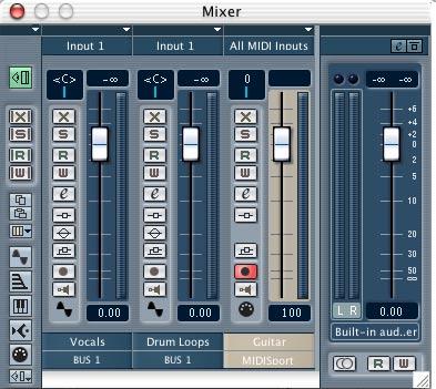 Opening the Mixer ENGLISH To open the Mixer, select it from the Devices menu. The Mixer with two audio channels and one MIDI channel strip. To the right is the Master gain fader.