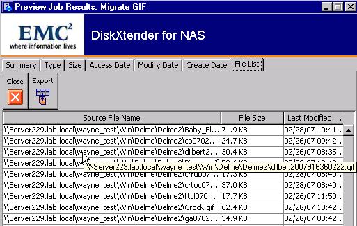 DX-NAS Administration File List tab. Figure 7 on page 36 show information that appears on the File List tab for a migration job.