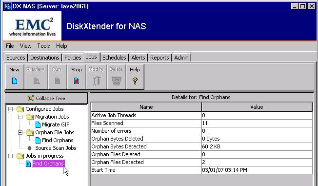 DX-NAS Administration Figure 10 on page 38 illustrates information for an orphan file job that is currently running.