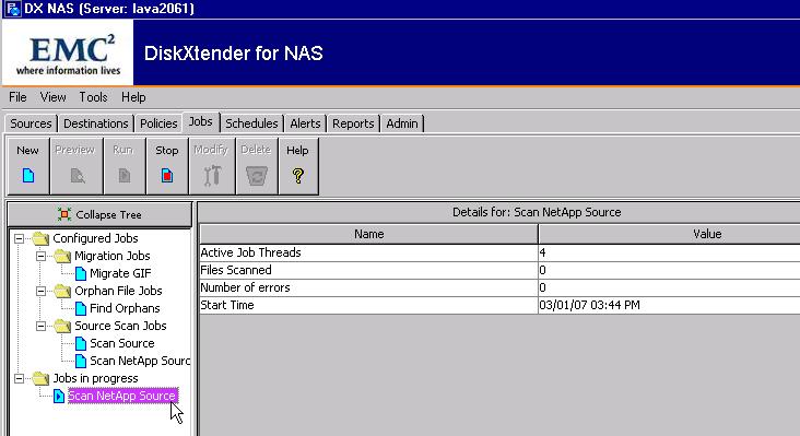 DX-NAS Administration Figure 11 on page 39 illustrates information for a source scan job that is currently running.
